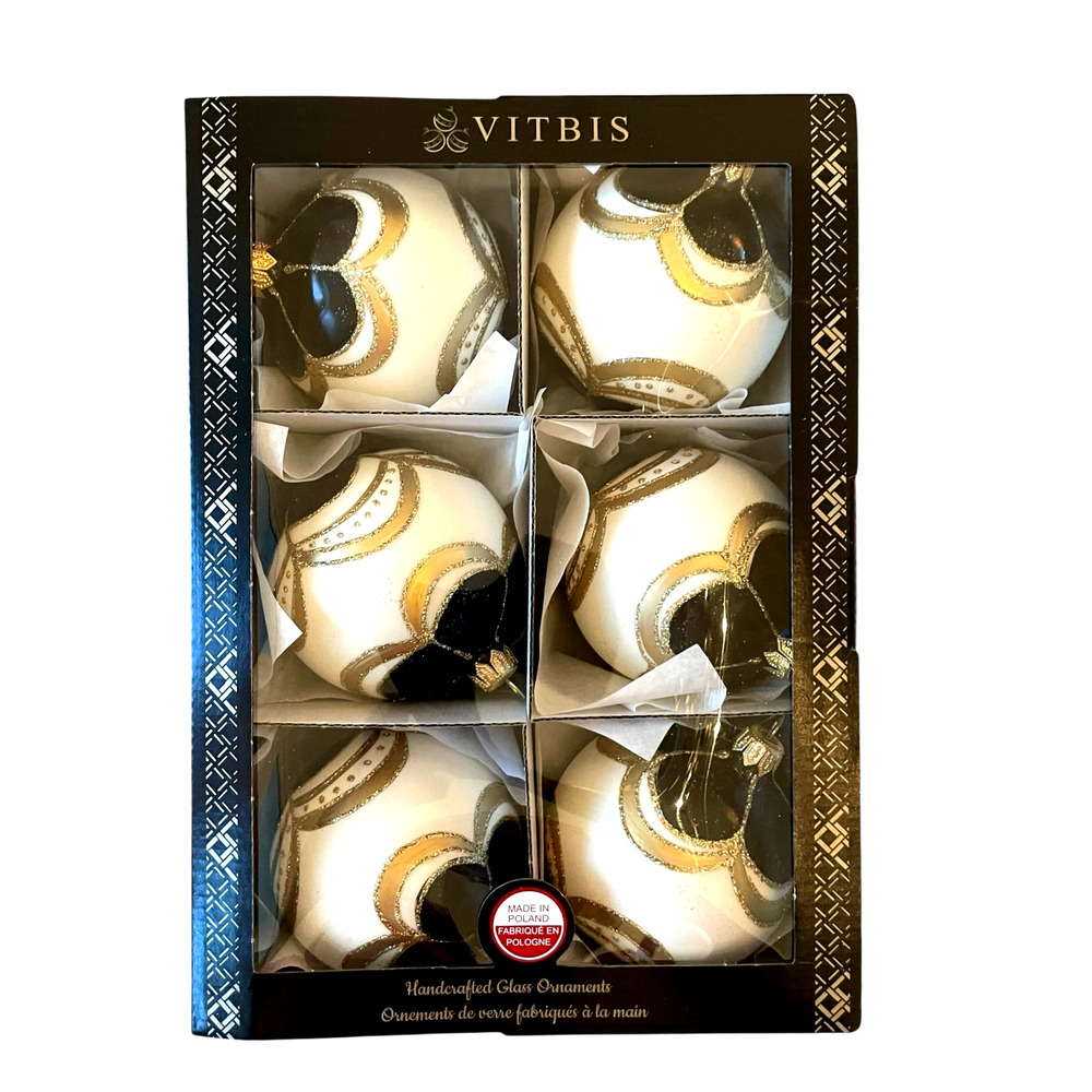Set 6 Vitbis BLACK GOLD Glass Christmas Ornaments 3in Handcrafted in Poland NEW
